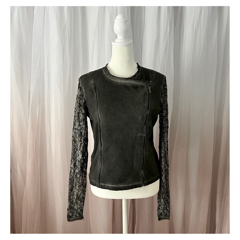 Tru Luxe Moto Jacket Double Zipper Lace Sleeve Stretch EUC Size XS / S